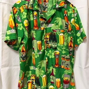 VHO Hawaiian Shirt Adult Large Button Beer Parrot Tropical Tiki Green Mens
